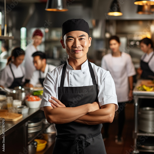 Portrait of asian chef standing with his team on background in commercial kitchen at restaurant