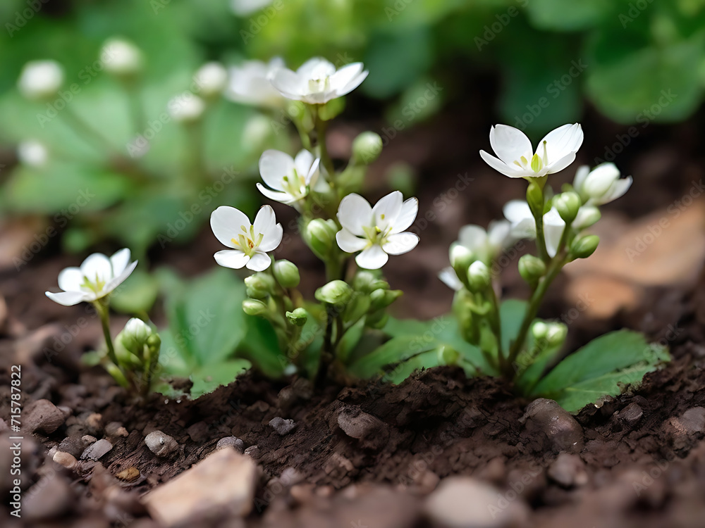 Photo of beautiful unique tiny white flowers with green leaves in the surface of earth in spring season. AI Generated
Photo of beautiful unique tiny white flowers with green leaves in the surface of earth in spring season. AI Generated
