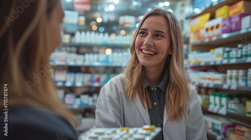 Happy woman chooses medicine with help of young pharmacist in drugstore, generative ai