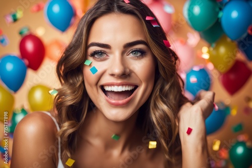 Smiling Woman Dancing Showered With Confetti greeting cheerfully celebrate fun and exited of bright confetti into the air