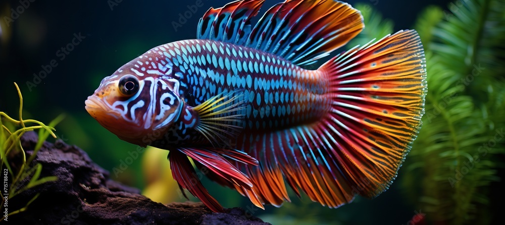 Vibrant tropical fish in lit aquarium close up shot of colorful fish with intricate scales Vibrant tropical fish in lit aquarium close up shot of colorful fish with intricate scales