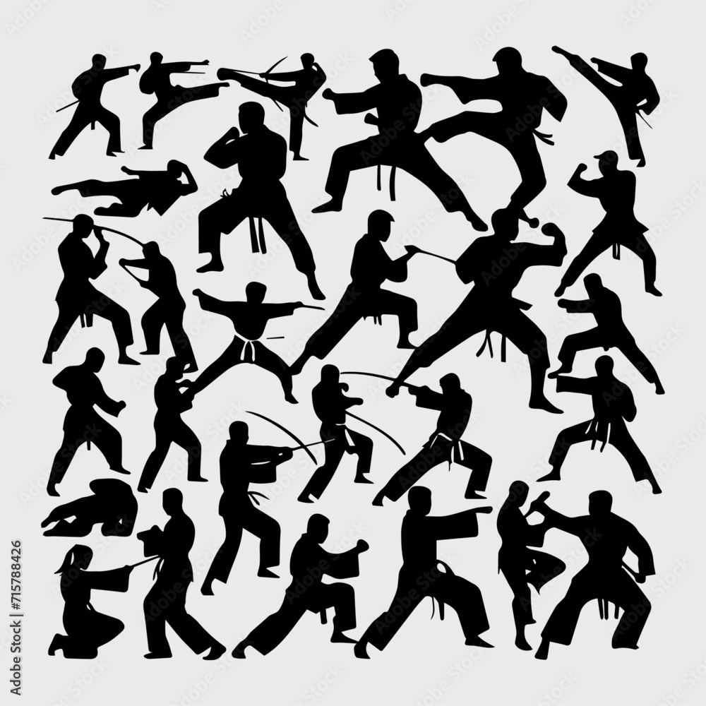 Martial art fighting silhouette set vector