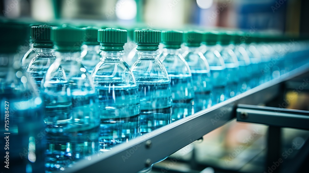 Water bottles on conveyor belt in a modern beverage factory with advanced equipment. Water bottles on conveyor belt in a modern beverage factory with advanced equipment.