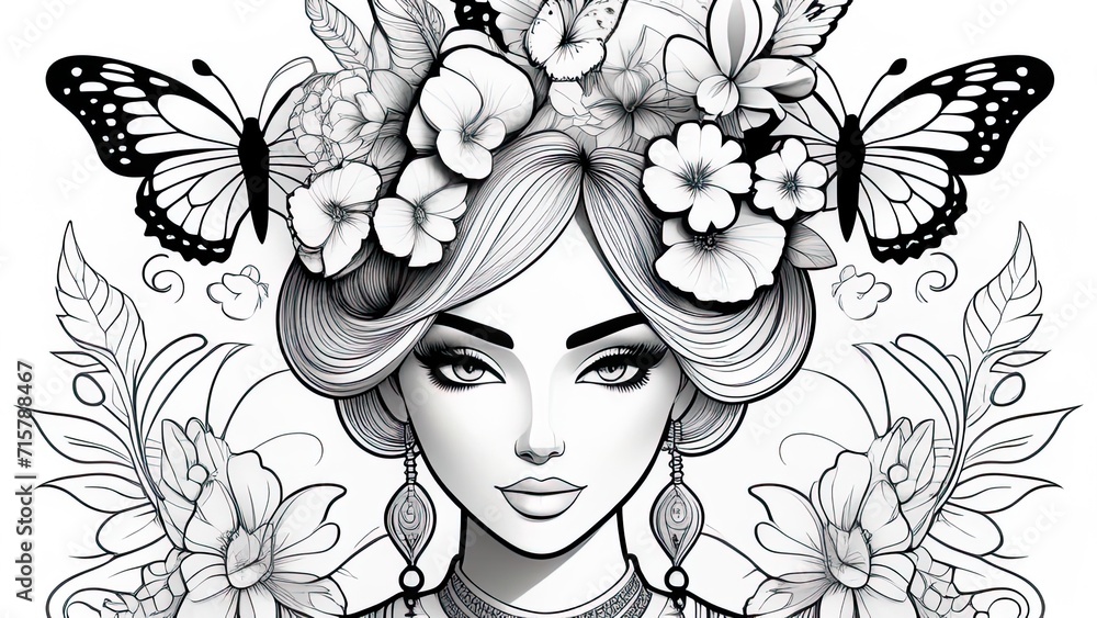 Anti stress coloring book page for adult. Coloring book page for adult. image of beautiful girl's face with flowers and butterflies - obrazy, fototapety, plakaty 