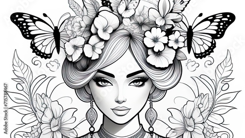 Anti stress coloring book page for adult. Coloring book page for adult. image of beautiful girl's face with flowers and butterflies photo