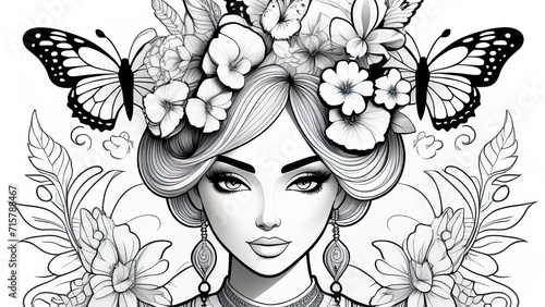 Anti stress coloring book page for adult. Coloring book page for adult. image of beautiful girl's face with flowers and butterflies