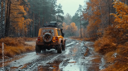Off road car in a forest on a rainy day, generative ai © Suralai