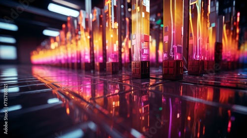 Glowing Liquid Elegance: Row of Glass Bottles in an Industrial Setting, Illuminated in Vivid Colors
