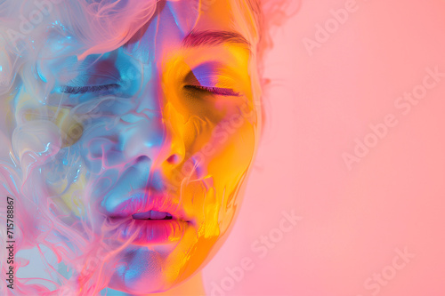 Fashion surreal Concept. Closeup portrait of stunning girl surround in neon swirling flowing smoke energy light waves light. illuminated dynamic composition dramatic lighting. copy text space  