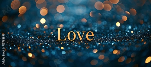 Golden love text on magical bokeh sparkles background, vintage postcard design