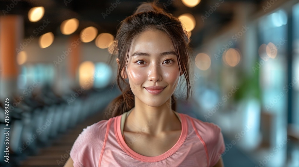 Obraz premium Portrait of Chinese woman while running inside a gym generative ai