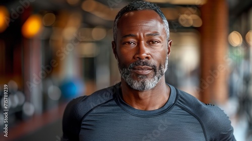 Portrait of a middle-aged black man while running inside a gym generative ai © Suralai
