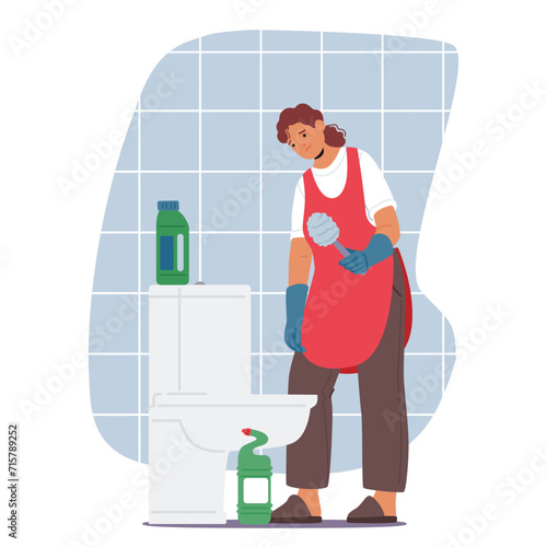 Exhausted Housewife Scrubs The Toilet, Wearied By Relentless Housework. Fatigue Etched On Her Face, She Persists