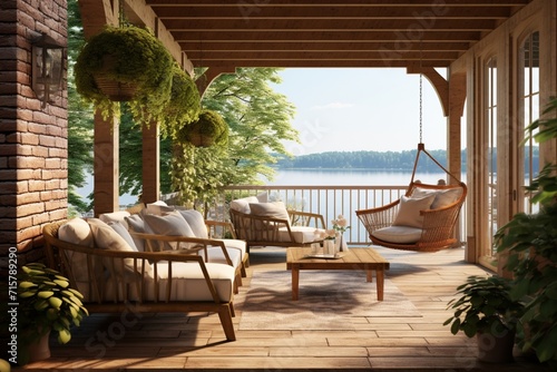 Immerse yourself in the tranquility of a relaxing covered porch in summer, adorned with exposed brick and offering serene views of the lake photo