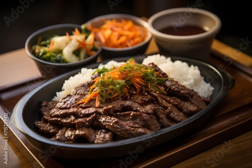 A sizzling platter of Korean-style bulgogi, featuring thinly sliced marinated steak, served with steamed rice and kimchi.