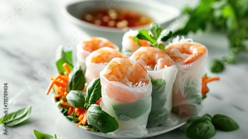 Shrimp Spring Rolls on Bright Marble Table