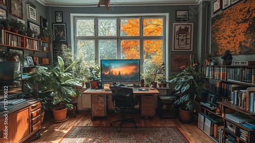 Home Office Setup, A stylish and organized home office space, reflecting the rise of remote work. photo