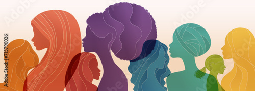 Group silhouette of multicultural women. International women's day. Diversity - inclusion - equality or empowerment concept. Anti racism or stop discrimination. Banner rainbow colors
