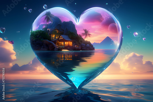 Valentine's Day tropical love sunset over the sea burning heart in the water, sky, and ocean with heart shape, sunset, and sun rising in the ocean photo