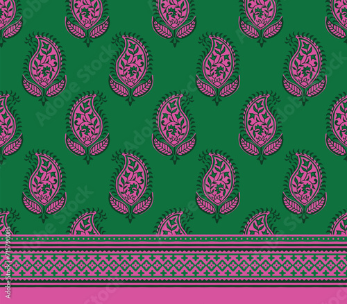 PAISLEY BLOCK PRINT SEAMLESS PATTERN ALL OVER PRINT WITH BORDER VECTOR ILLUSTRATION