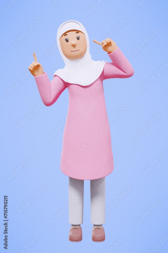 3d rendering fullbody of woman muslim greeting, greeting, pointing and holding phone while smiling 3d rendering fullbody of woman muslim greeting, greeting, pointing and holding phone while smiling