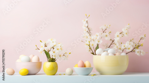 Springtime Table Decor: Cherry Blossoms and Easter Eggs on Pink Pastel