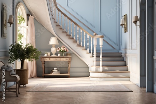 Pale blue hallway decor, an embodiment of interior design and house improvement, welcomes with entryway furniture and enhances the entrance hall in an English country house