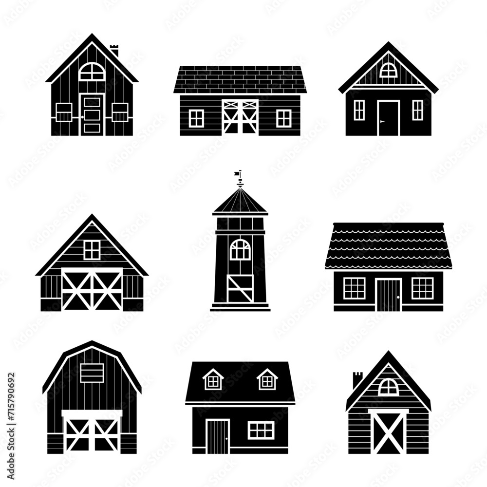 Farm houses and barn silhouette icons set. vector illustration in flat style. isolated cartoon granary collection