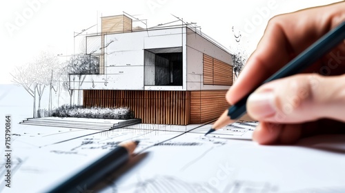 Fototapeta samoprzylepna Architecht drawing a sketch for a new house generative ai