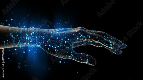Robot hand isolated on a black background reaching out. Blue digital hand reaching forward. 3D rendering of a female cyborg holding out a hand. Electronic arm stretched out glowing with a blue light photo