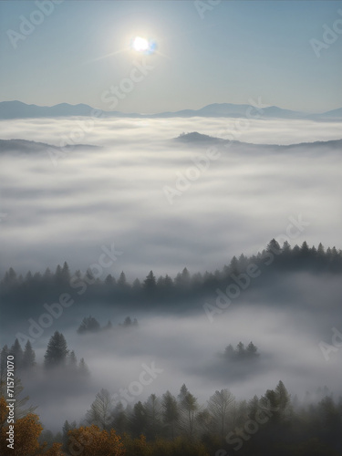 A very beautiful photo of foggy sunny morning Generative AI © Flashup