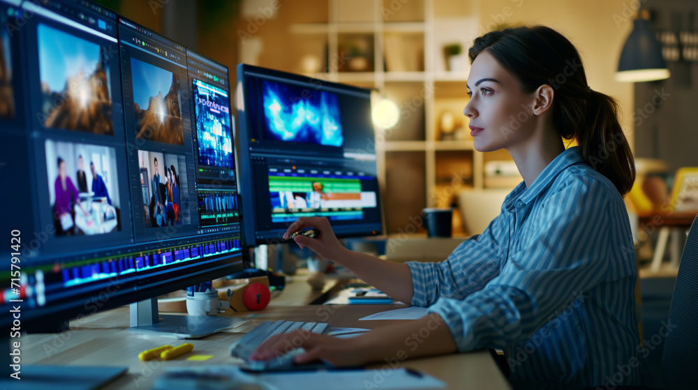 A woman focused on video editing on double screen setup