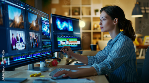 A woman focused on video editing on double screen setup photo