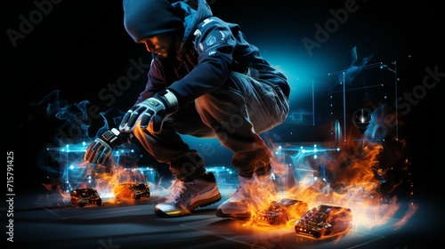 Military Firepower: Night Scene of Armed Soldier with Gun and Explosions © Jannat