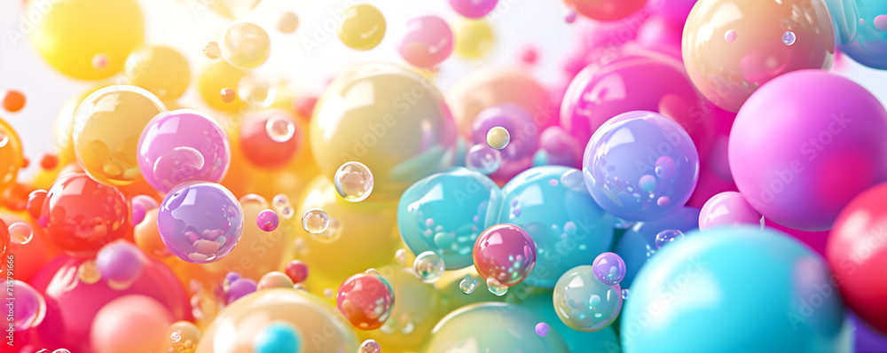 Abstract background of glossy multicolored balls and bubbles floating on white background. Colorful rainbow matte and glossy balls of different size on white. Colorful 3D render of vibrant spheres
