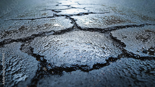 image of a road with a broken asphalt surface after rain photo