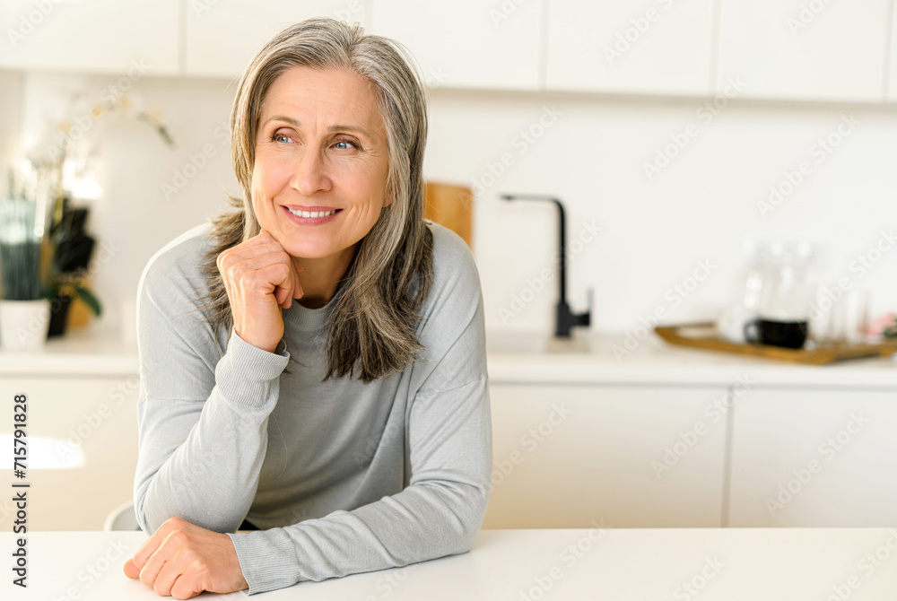 Tranquil senior woman with gray hair spends leisure at home, inspired mature gray-haired lady daydreaming, looks away lost in thoughts, sitting at the desk in kitchen Tranquil senior woman with gray hair spends leisure at home, inspired mature gray-haired lady daydreaming, looks away lost in thoughts, sitting at the desk in kitchen