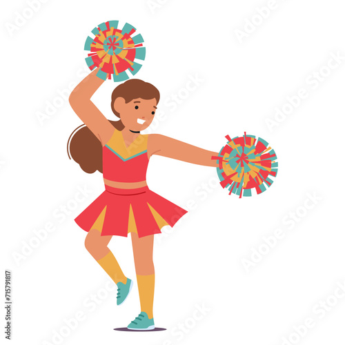 Delightful Cute Cheerleader Girl Character With Radiant Smile, Adorned In A Vibrant Uniform, Gracefully Twirling Pompoms