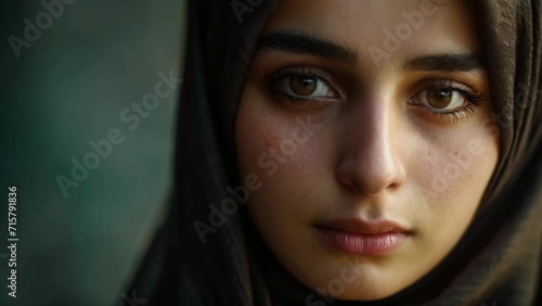 Muslim woman wear hijab. Sad middle eastern girl portrait. Religious serious lady look at camera. Beautiful female arab person face closeup. Upset arabian emigrant concept. Social issue. Home abuse. photo