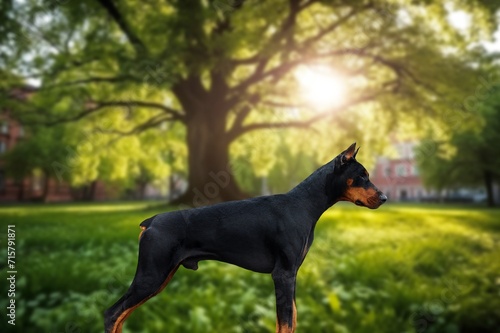 The domestic dog stands in the green park