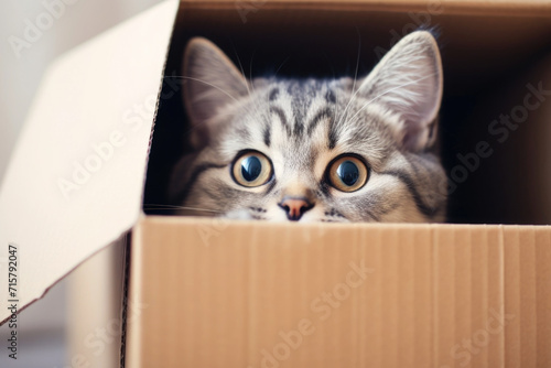 Cute and adorable tabby cat peeking out from a box