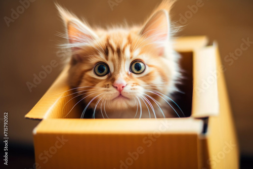 Cute and adorable ginger kitten peeking out from a box © pilipphoto