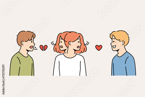 Teenage girl is caught in love triangle and shaking head, choosing between two boyfriends. Concept teenage children relationships and importance communicating with children on topic of sex education