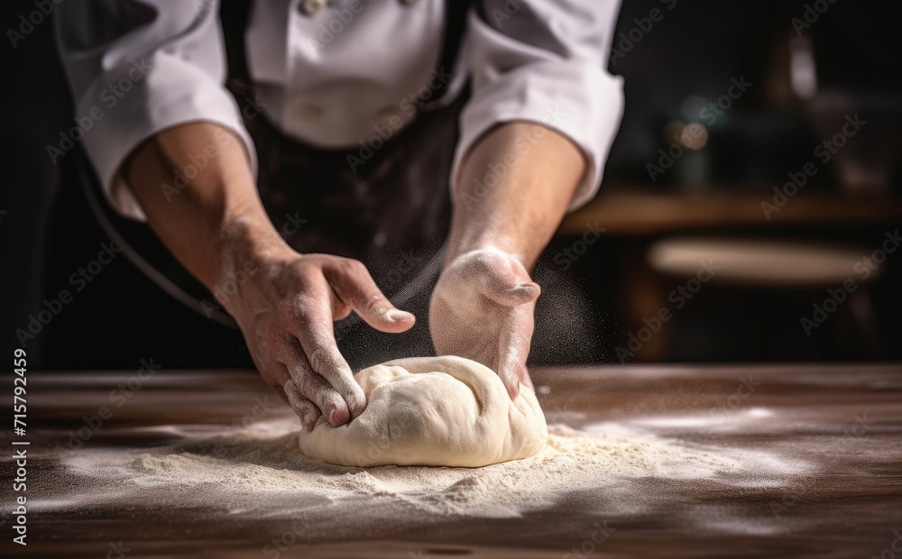 Chef kneading dough, Making dough by male hands at bakery, Generative AI 