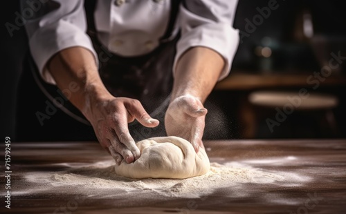 Chef kneading dough, Making dough by male hands at bakery, Generative AI 
