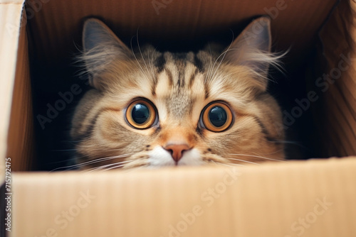 Cute and adorable tabby cat peeking out from a box © pilipphoto