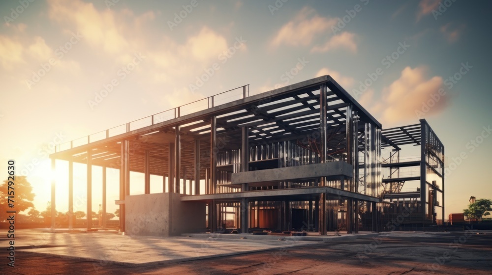 majestic construction of an innovative building in a beautiful sunset