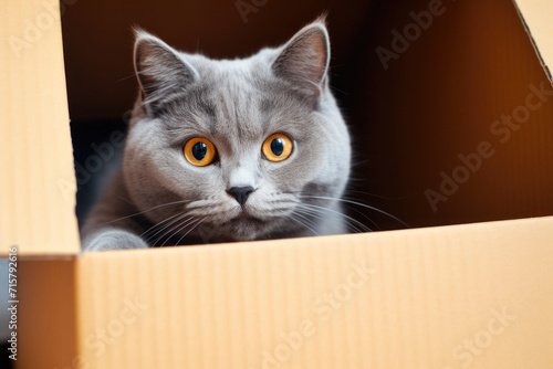 Cute and adorable grey cat peeking out from a box