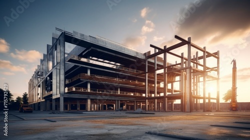 innovative construction of a state-of-the-art building in a meadow with a beautiful sunset in high resolution photo