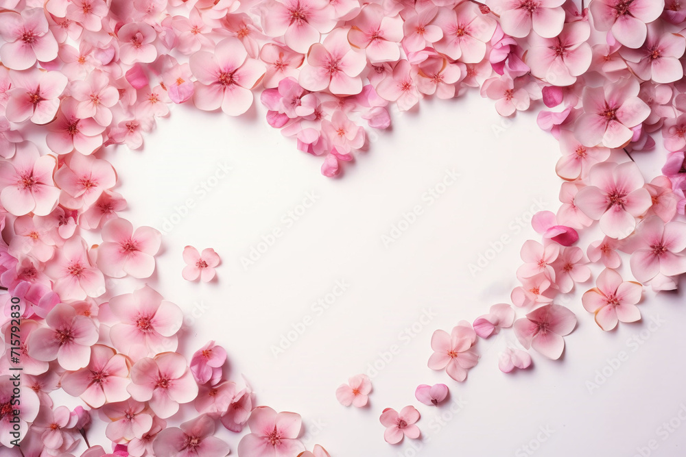 Pink heart made of sakura flowers on a pink background. top view, copy space. spring wallpaper